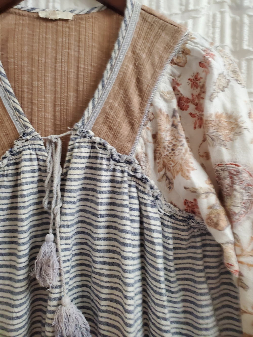 Striped Peasant Tunic with Floral Sleeves in Cream and Tan - Picture 4 of 4